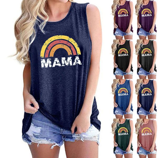 

women mama letter tanks vest designer mother's day tee ladies casual rainbow print sleeveless t shirts womens summer blouses mom short, White