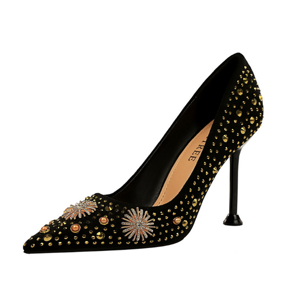 

rhinestone women's high heels party shoes wedding large size 43 heel suede dress, Black