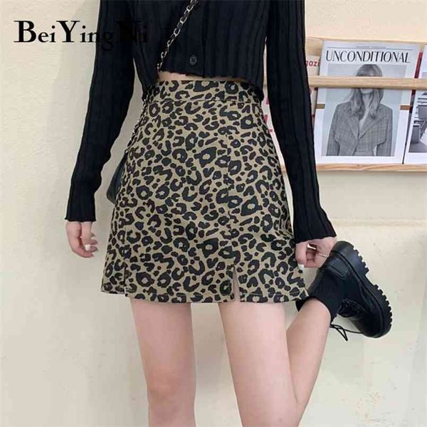 

women's skirts leopard slim fashion high waist a line mini skirt female vintage casual split club jupe femme 210506, Black