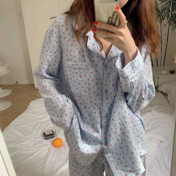 

mozuleva sweet lovely cherry printed loose pajamas women autumn winter home wear pure cotton fashion long sleeve suit 210706, Black;red