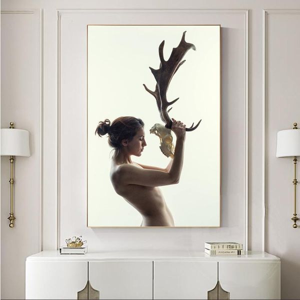 

paintings naked woman and deer bone mask abstract wall art picture canvas poster nordic print painting living room decoration
