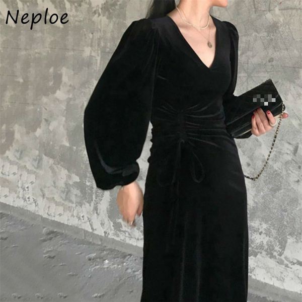 

v-neck side drawstring slim waist black dresses chic puff sleeve velvet vestidos solid color mid-length women dress 210422, Black;gray