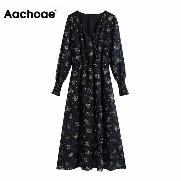 

aachoae 2021 elegant v neck floral chiffon dress women long sleeve party dresses lady print sundress vestidos mujer xs-l casual, Black;gray