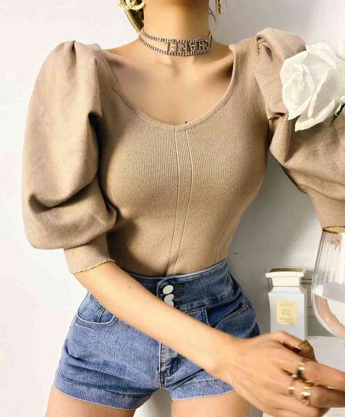 

retro light luxury knitwear new solid puff sleeve o neck short women 210421, White;black