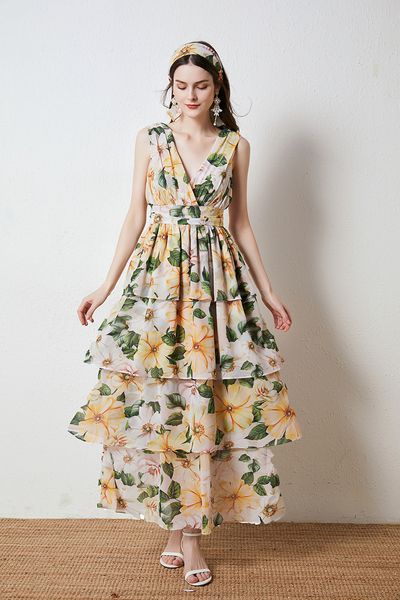 

women chiffon dress fashion summer printing cake dresses v neck bohemian style lady holiday wear, Black;gray