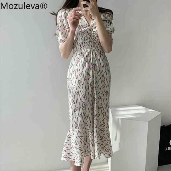 

summer ruffles floral print slim waist mermaid dress chic short sleeve ruched women female midi vestidos 210427, Black;gray