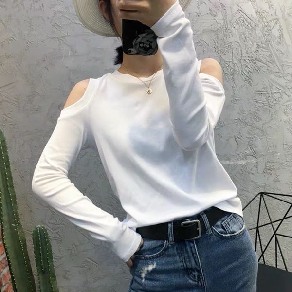 

tees t-shirt 2021 fall slim fit off shoulder t-shirt women's long sleeve fashion, White
