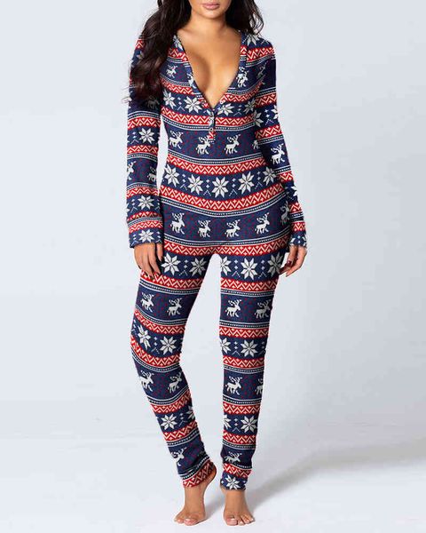 

new year christmas functional buttoned flap printed adults pajamas suit women's sleevewear detachable jumpsuits 210415, Black;white