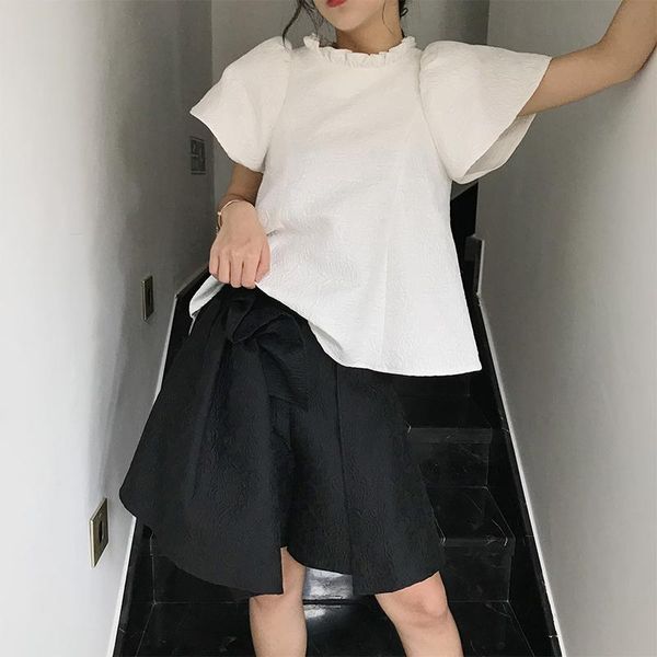 

two piece dress lanmrem round neck short sleeves summer peter pant collar dobby shirt and asymmetrical black shorts match wl14601l, White