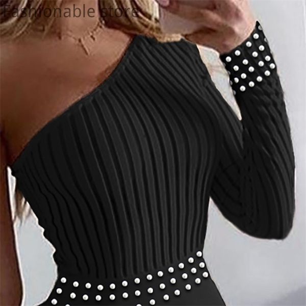 

women single shoulder long sleeve beads design solid color jumpsuit, Black;white