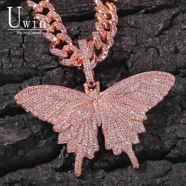 Uwin Monarch Butterfly Gold CZ Anhänger mit 9mm 12mm CZ Cuban Chain Micro Pave Kubikzircon Halskette Schmuck für Geschenk X0509