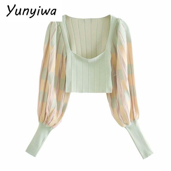 

women's blouses & shirts vintage hit color knit crop women square neck lantern sleeve fashion lady streetwear summer ccwm9768, White