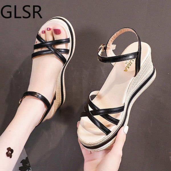 

dress shoes 2021 summer wedge sandals female high heels a word buckle black wild fish mouth