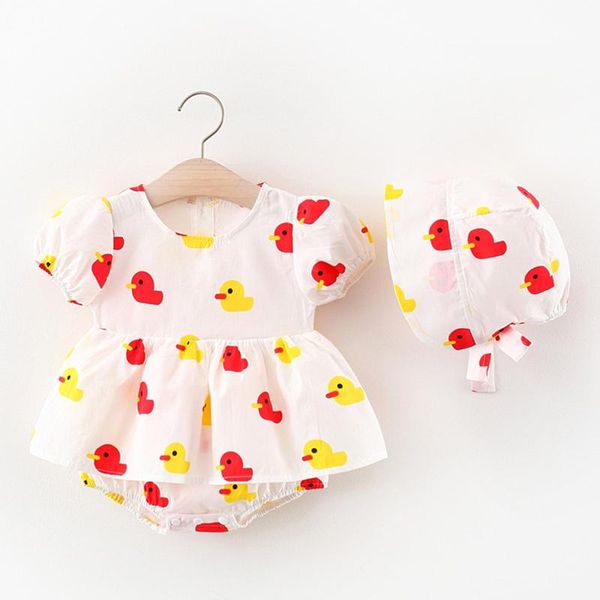 

baby girls bodysuit dress korean puff sleeve ruched cartoon hat set born infant toddler kids summer party dresses vestidos girl's, Red;yellow