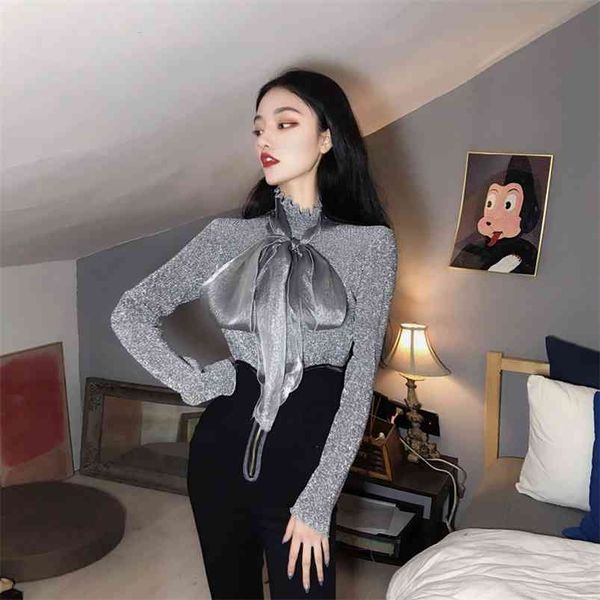 

women shirts autumn spring shinning long-sleeved slim o-neck bow lace up ruffles shirt woman blouse female gx095 210507, White
