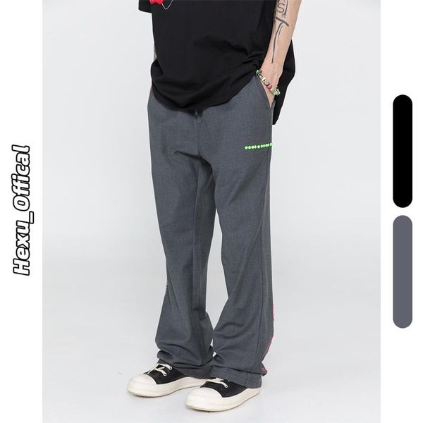 

men's pants men fashion solid casual straight 2021 japanese harajuku streetwear rivet trousers high street clothing ch11, Black