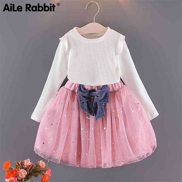 

arrival girls fashion clothes set for fall 2-piece long-sleeved and skirt princess bow mesh dress suit children's c 210914, White