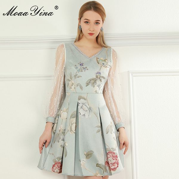 

fashion designer dress summer women's dress v-neck mesh beaded long sleeve floral-print pleated dresses 210524, Black;gray