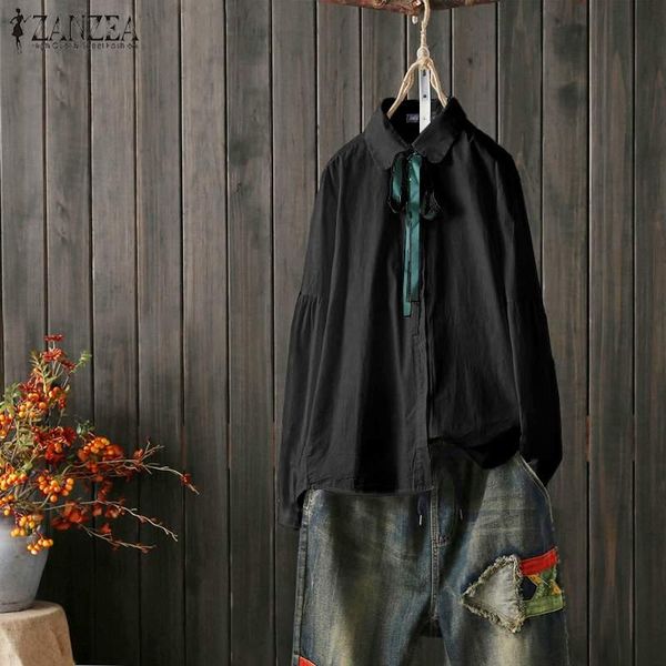 

women's blouses & shirts zanzea 2021 women plus size button-down solid lady lace bowknot turn-down-collar tunic female casual blusas, White