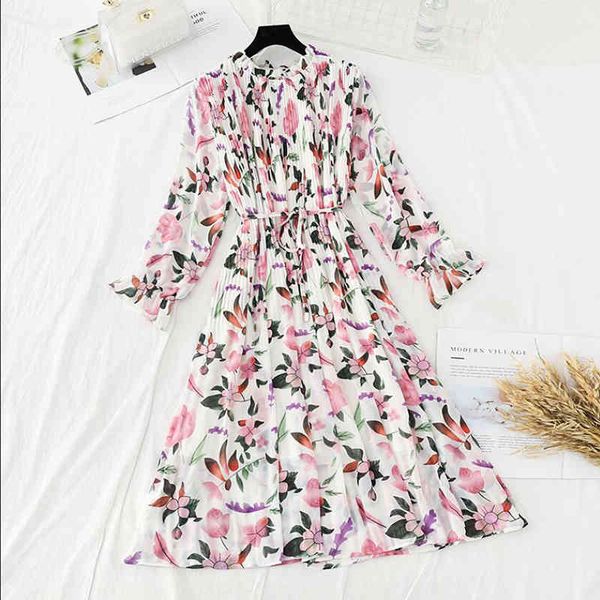 

dresses spring autumn pleated chiffon women female casual flare sleeve print es long plus size midi, Black;gray