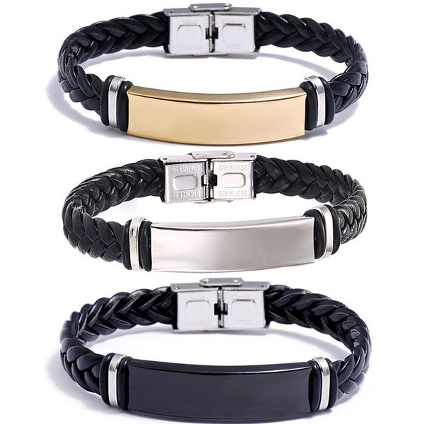 

tennis leather braided stainless steel bracelet bangle for men polished plate charm wrap mens wristband friendship jewelry, Golden;silver