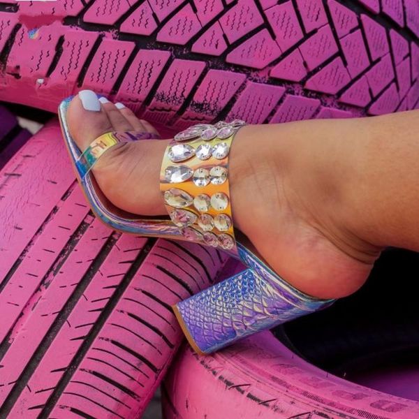 

female shoes ladies' slippers multicolored sandals women heels square heel rubber flip flops glitter slides 2021 high block hawa, Black