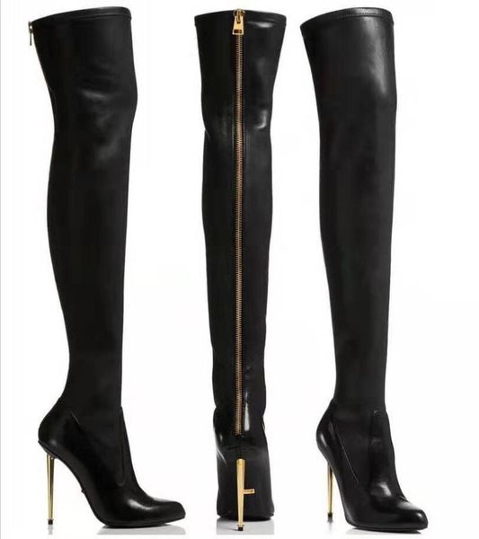 

boots big size 34-45 brand women pointed toe stiletto high heels zipper knee nightclub shoes, Black