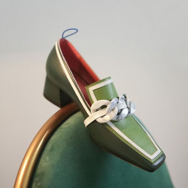 

dress shoes 2021 spring women buckle chain single pumps female mixed colors square toe ladies genuine leather ol, Black