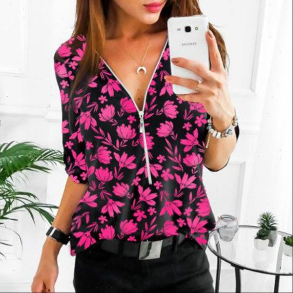 

spring women shirts office shirt vintage floral print zipper v neck chiffon blouse autumn long sleeve blouses plus size, White