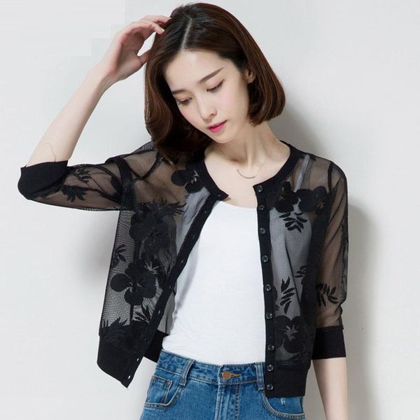 

women's jackets summer half sleeve shawl short jacket sunscreen shirt thin mesh lace cardigan see-trough r6bi, Black;brown