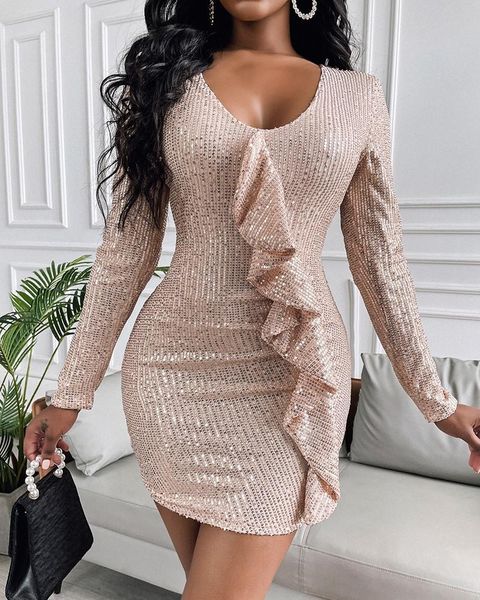 

casual dresses dress women's clothing fashion sequin ruffle tight 2021 autumn, Black;gray