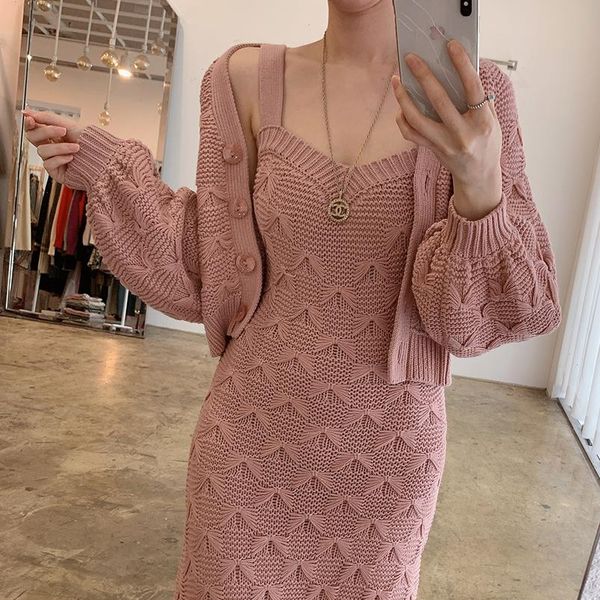 

elegant winter texture jacquard knitted womens dresses 2 piece set lantern sleeve pink cardigan long spaghetti strap dress suits, White