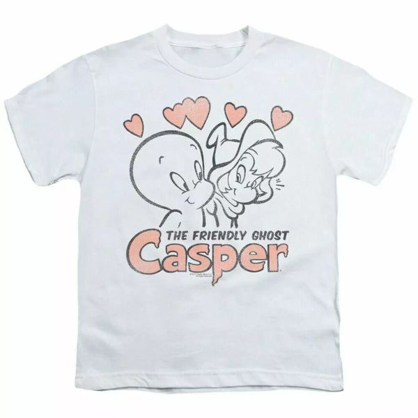 

Casper The Friendly Ghost Hearts Kids Youth T Shirt Licensed Cartoons Tee White, White;black