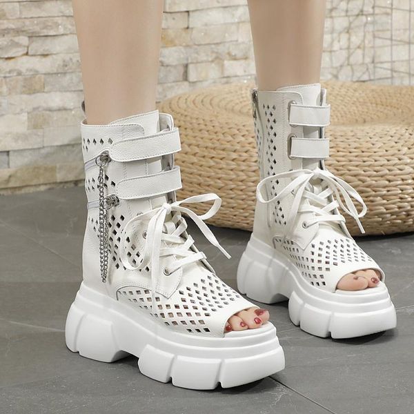 

boots women summer peep toe short ankle mesh hallow sandals fashion thick sole high heel platform shoes female 2021 chain design, Black