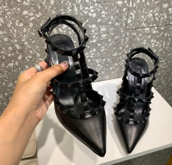 

Big Size 2021 Designer 8cm 10cm Gladiator High Heels Women Shoes Nude Black Spikes T-strap Pump Patent Leather Stud Lady Shoes Summer