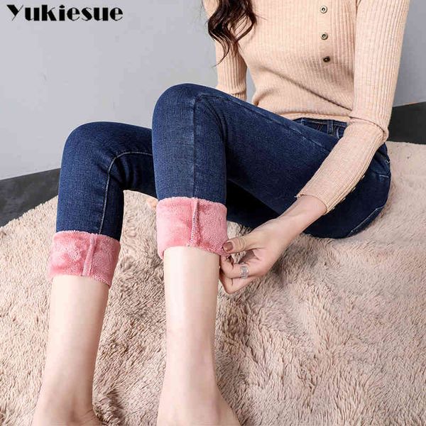 

velvet jeans women winter warm high waist blue skinny ladies trousers female elastic ankle denim for pants plus size 210518