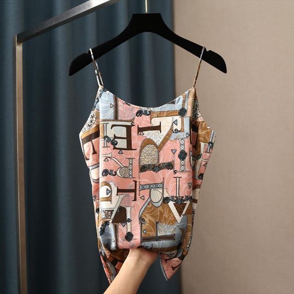 

assorted plaid letter women tank spaghetti strap halter vest v neck summer loose printed satin female, White