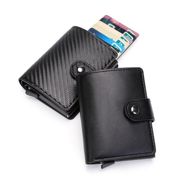 

card holders brand rfid black magic carbon fiber wallet smart men's leather case luxury business hasp automatic money purse design 2021, Brown;gray