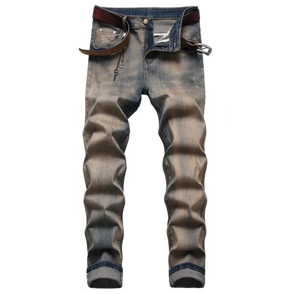

spring and autumn europe america men's trendy fashion personality fried sand brand nostalgia hanging chain casual jeans, Blue