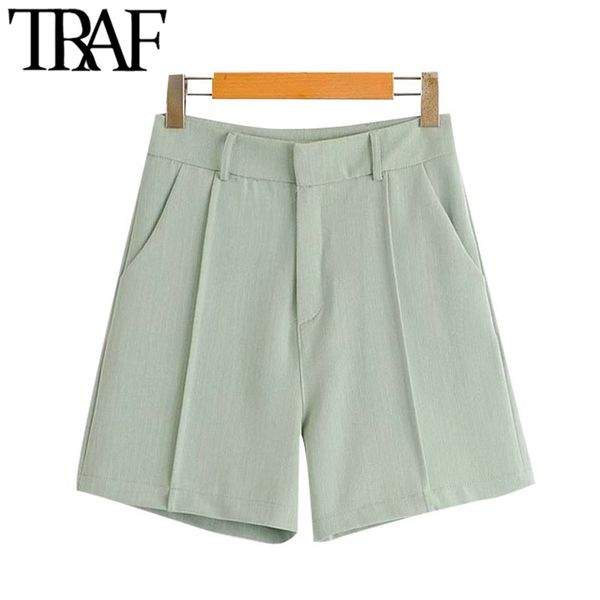 

women chic fashion side pockets straight shorts vintage high waist zipper female short pants pantalones cortos 210507, White;black