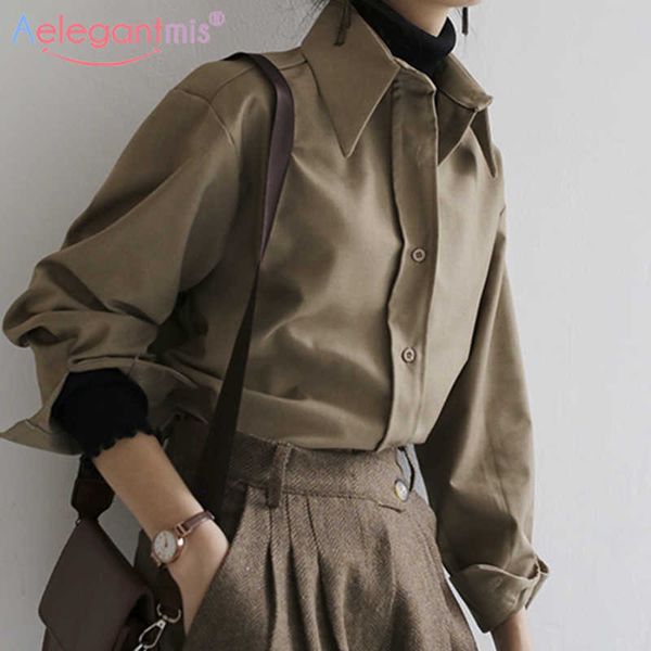 

aeleagntmis office lady blouse women vintage korean soft loose shirts elegant casual solid blouses chic ol spring 210607, White