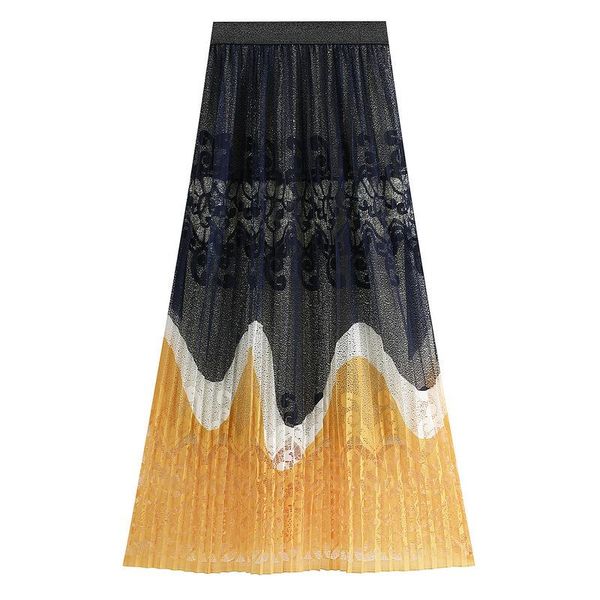 

skirts lace gril 2021 autumn wear high waist female long skirt pleated 8256, Black