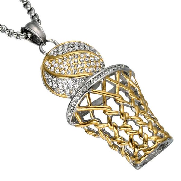 

pendant necklaces cz basketball rim necklace stainless steel gold color chain iced out women men sport hip hop jewelry, Silver