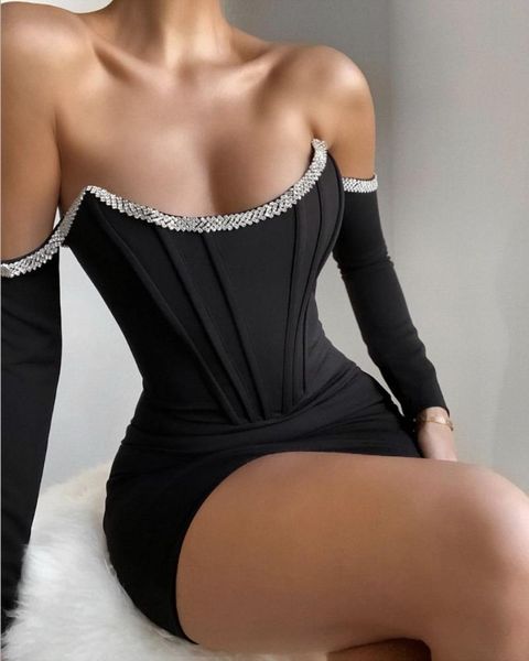 

casual dresses women winter long sleeve off shoulder diamonds black bodycon bandage dress 2021 elegant evening party club vestidos, Black;gray