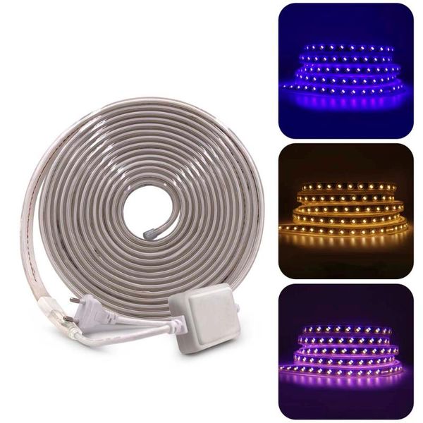 

strips 220v 5730 5630 led strip 120 leds/m double color blue+warm white waterproof outdoor lighting flexible tape light + eu plug