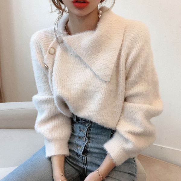 

sweater autumn winter korean women buttons irregular collar knitted pullover causal warm pull femme jumpers 1jib, White;black