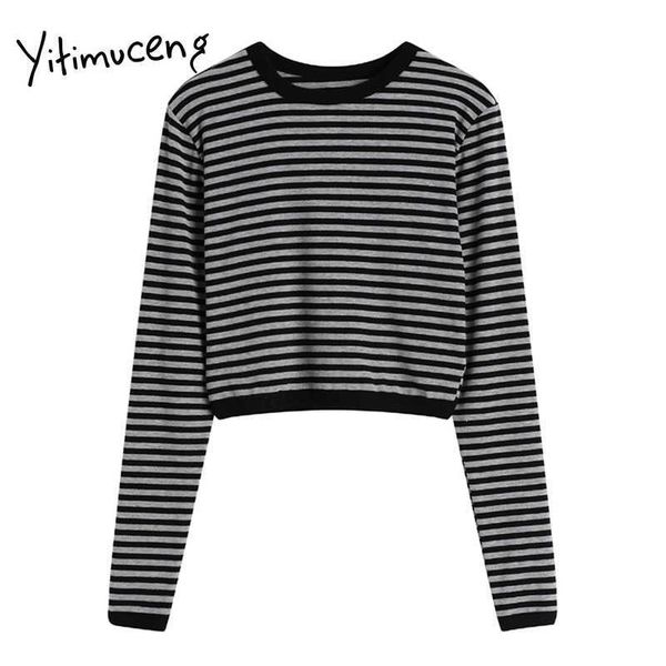 

yitimuceng shirts for women spring long sleeve black grey striped pullover o-neck comfortable korean streetwear 210601, White