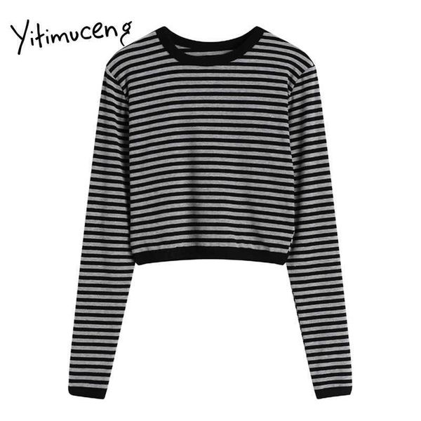 Yitimuceng Shirts für Frauen Frühling Langarm Tops Schwarz Grau Gestreiften Pullover Oansatz Komfortable Sexy Koreanische Streetwear 210601