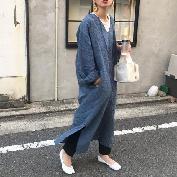 

casual dresses japanese style autumn 2021 solid color split fork dress temperament simplicity loose v-neck long sleeve women's, Black;gray