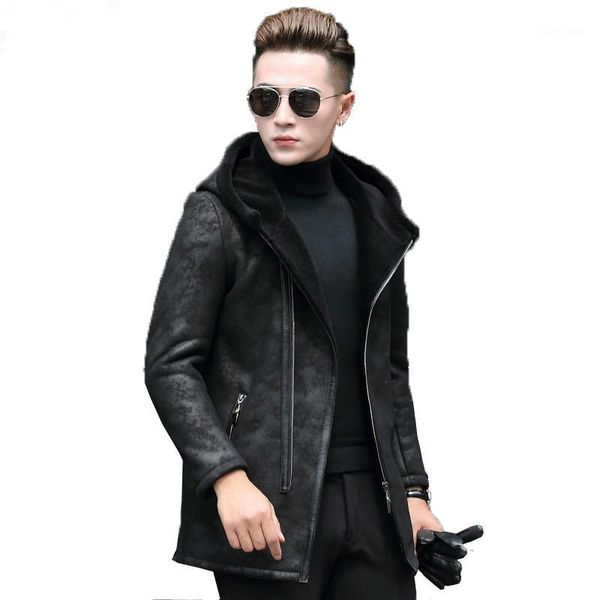 

men's leather & faux genuine jacket men winter long coat sheepskin jackets natural wool fur coats cuero genuino 8708 kj819, Black